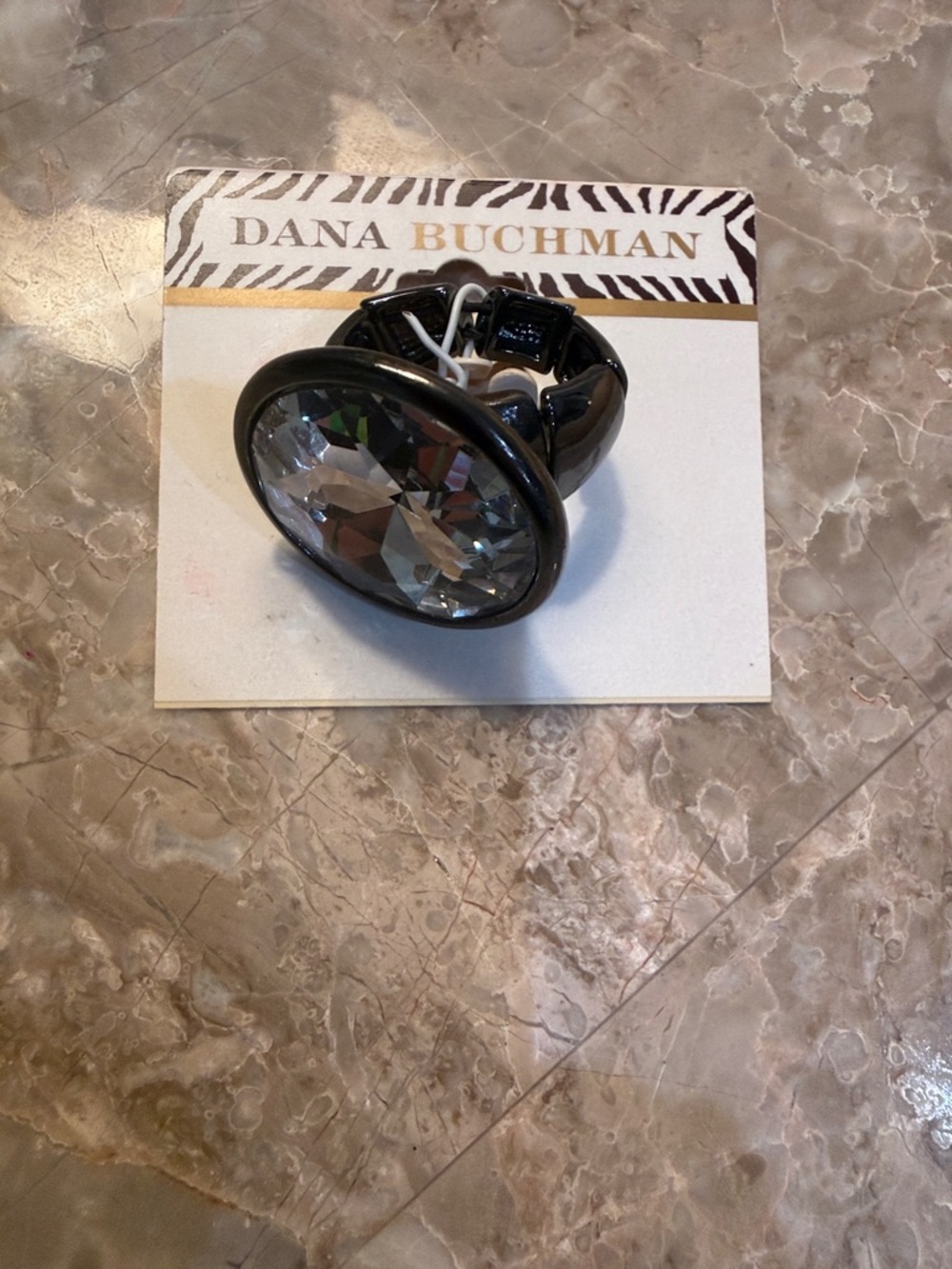 Dana Buchman Black Adjustable Ring with Clear Faceted Crystal-Brand New